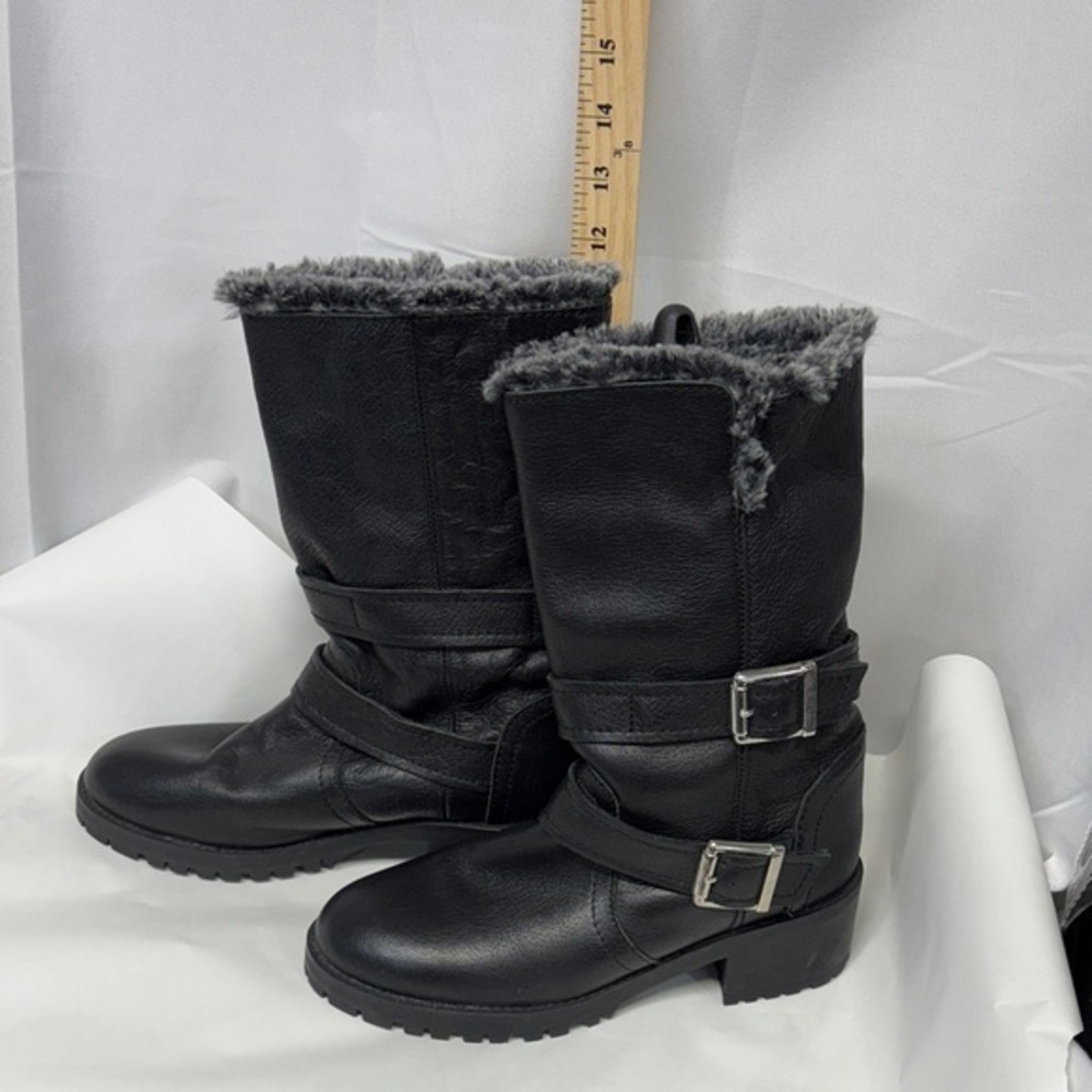 Zara leather biker belted Black Fur-Trimmed Winter Boots size 38 (7.5-8)